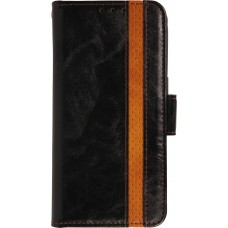 Etui cuir iPhone 17 - Flip Wallet en cuir véritable avec stripe design et compartiment à cartes - Noir