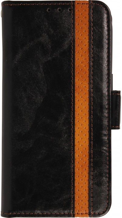 Etui cuir iPhone 17 - Flip Wallet en cuir véritable avec stripe design et compartiment à cartes - Noir