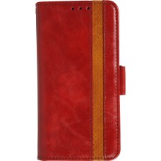 Etui cuir iPhone 17 - Flip Wallet en cuir véritable avec stripe design et compartiment à cartes - Rouge