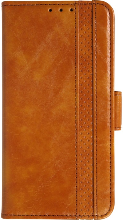 iPhone 17 Pro Max Leder Tasche - Flip Wallet Echtleder mit Akzentstreifen & Kartenhalter - Hellbraun