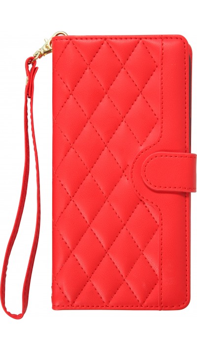 Fourre iPhone 16 Pro Max - Flip matelassé élégant avec fermeture magnétique et lanière et emplacements pour cartes - Rouge