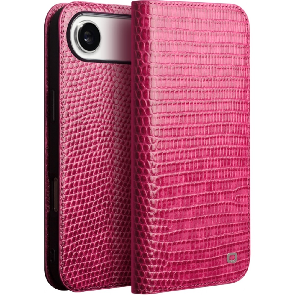 Fourre iPhone 17 Air - Flip Croco Qialino cuir véritable - Rose