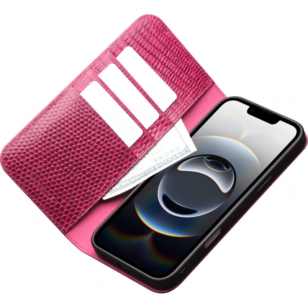 Fourre iPhone 17 Air - Flip Croco Qialino cuir véritable - Rose