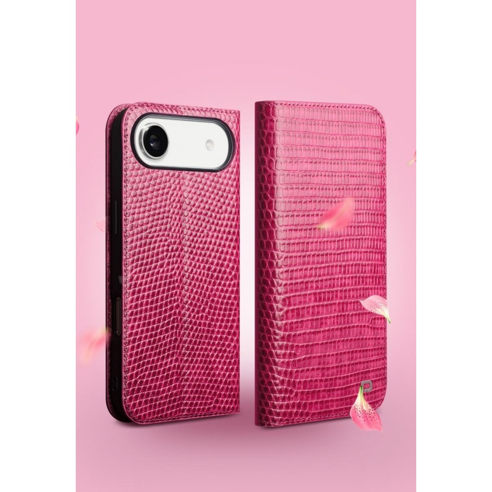Fourre iPhone 17 Air - Flip Croco Qialino cuir véritable - Rose