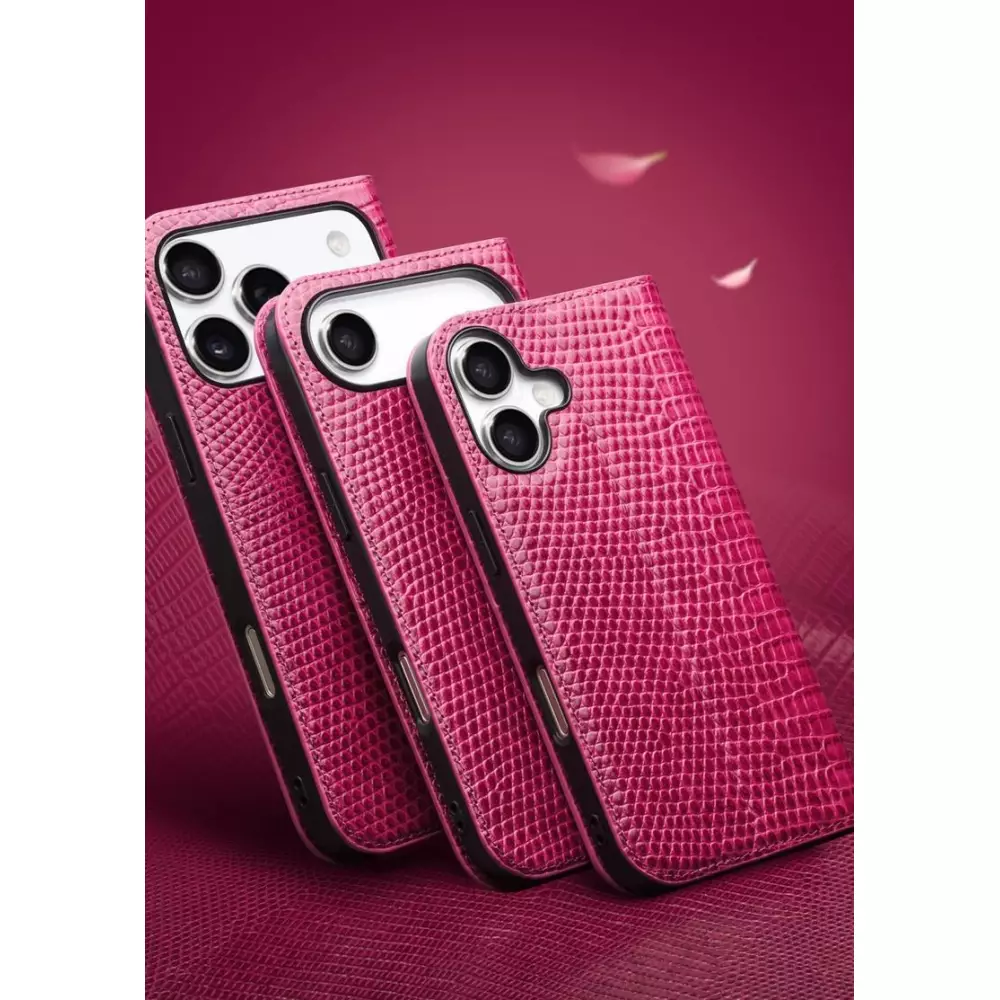 Fourre iPhone 17 - Flip Croco Qialino cuir véritable - Rose