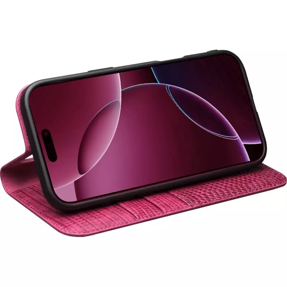 Fourre iPhone 17 - Flip Croco Qialino cuir véritable - Rose
