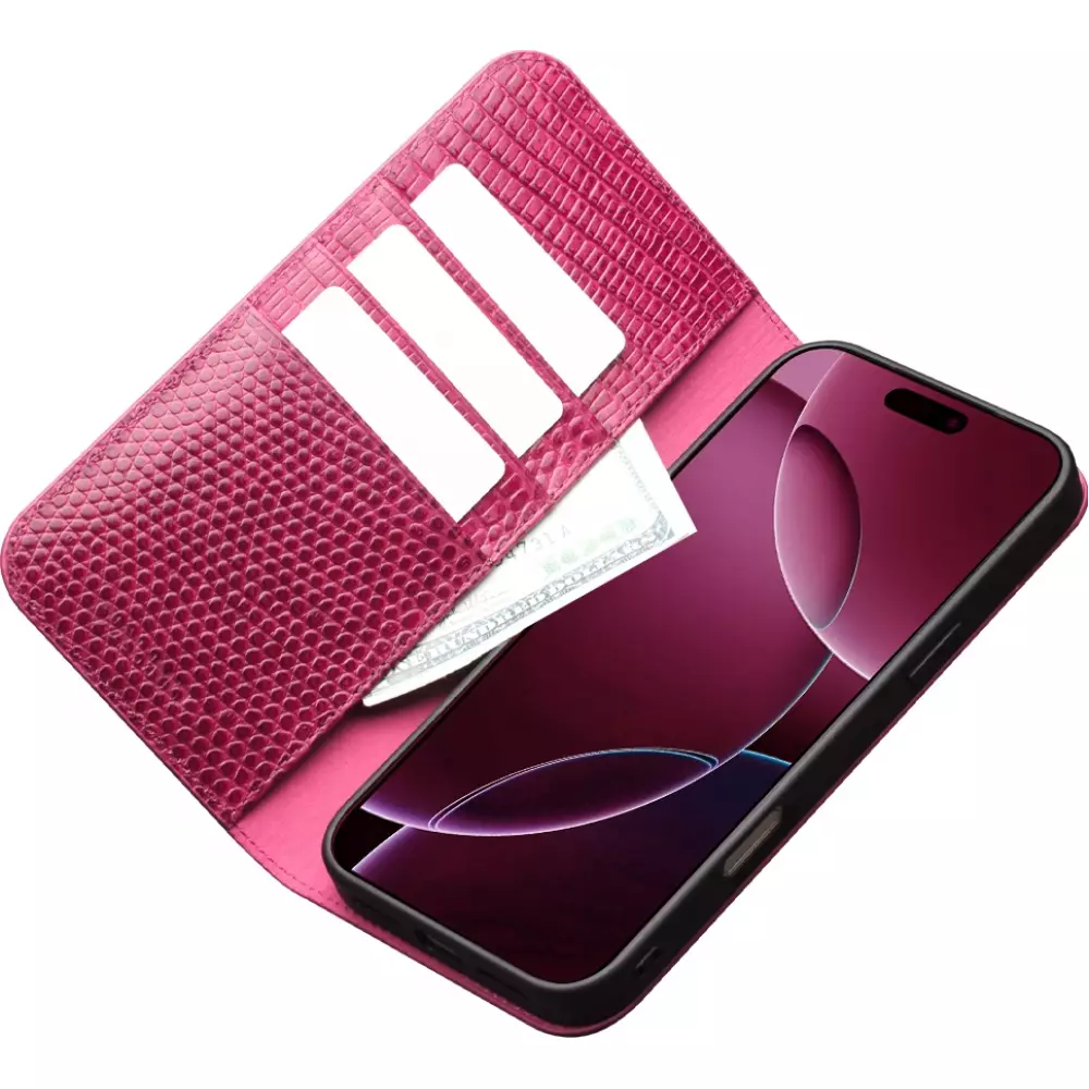 Fourre iPhone 17 - Flip Croco Qialino cuir véritable - Rose