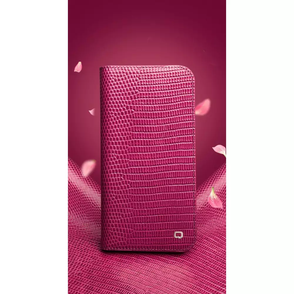 Fourre iPhone 17 - Flip Croco Qialino cuir véritable - Rose