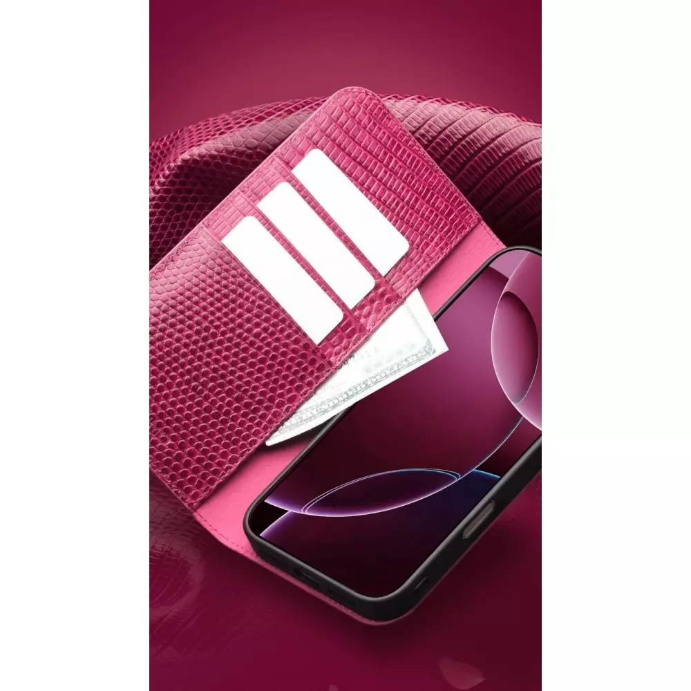 Fourre iPhone 17 - Flip Croco Qialino cuir véritable - Rose