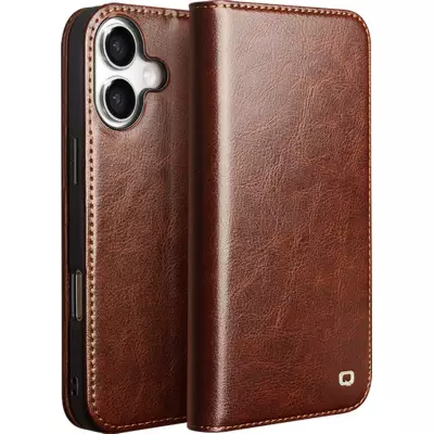 Fourre iPhone 17 - Flip Qialino Classic Wallet cuir véritable - Brun foncé