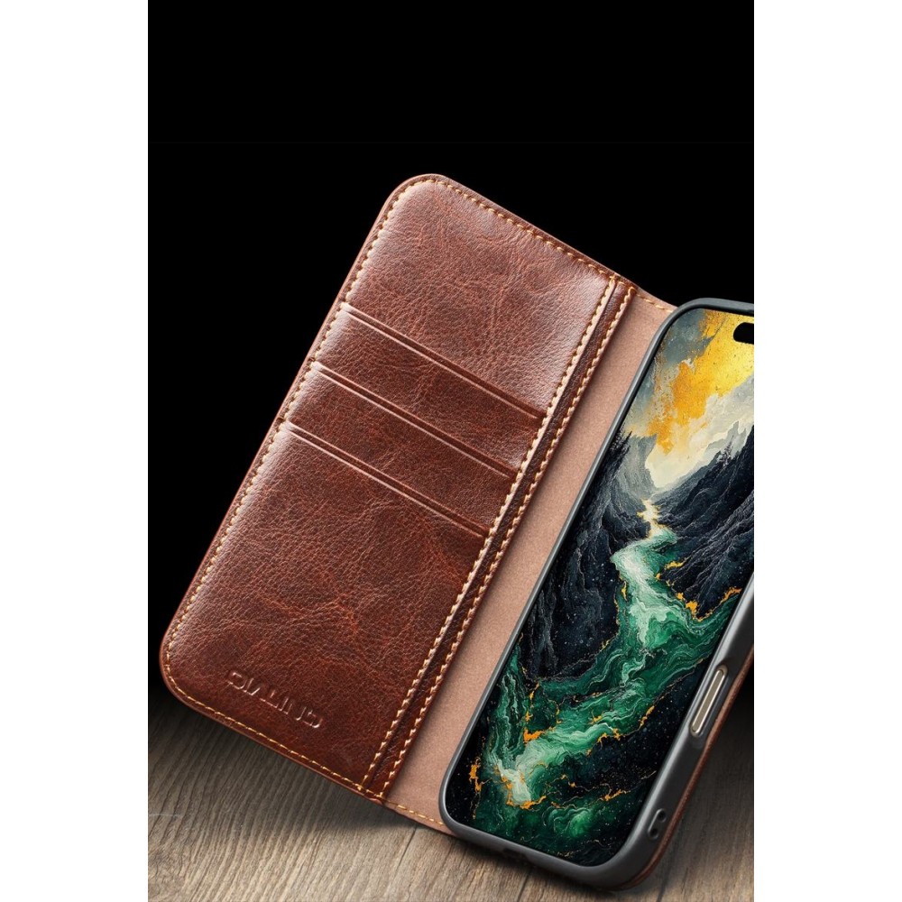 Fourre iPhone 17 - Flip Qialino Classic Wallet cuir véritable - Brun foncé