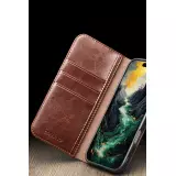 Fourre iPhone 17 - Flip Qialino Classic Wallet cuir véritable - Brun foncé