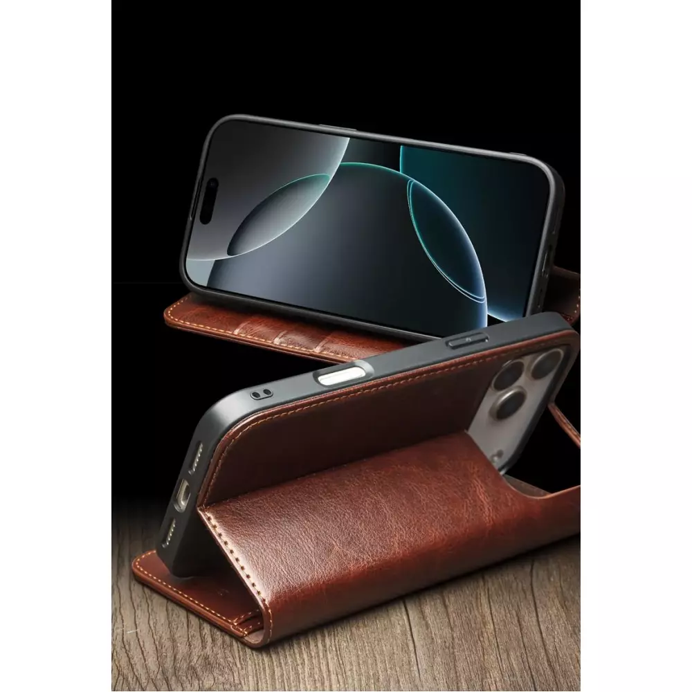 Fourre iPhone 17 - Flip Qialino Classic Wallet cuir véritable - Brun foncé
