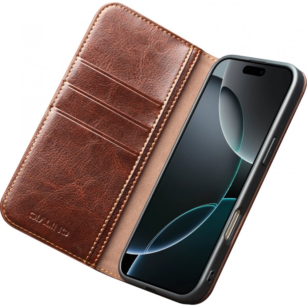 Fourre iPhone 17 - Flip Qialino Classic Wallet cuir véritable - Brun foncé