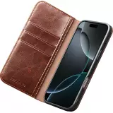 Fourre iPhone 17 - Flip Qialino Classic Wallet cuir véritable - Brun foncé