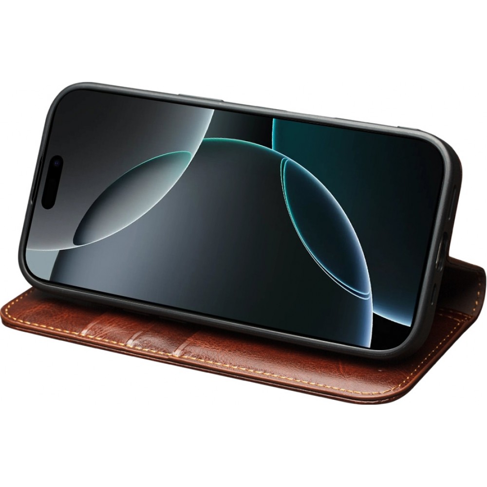 Fourre iPhone 17 - Flip Qialino Classic Wallet cuir véritable - Brun foncé
