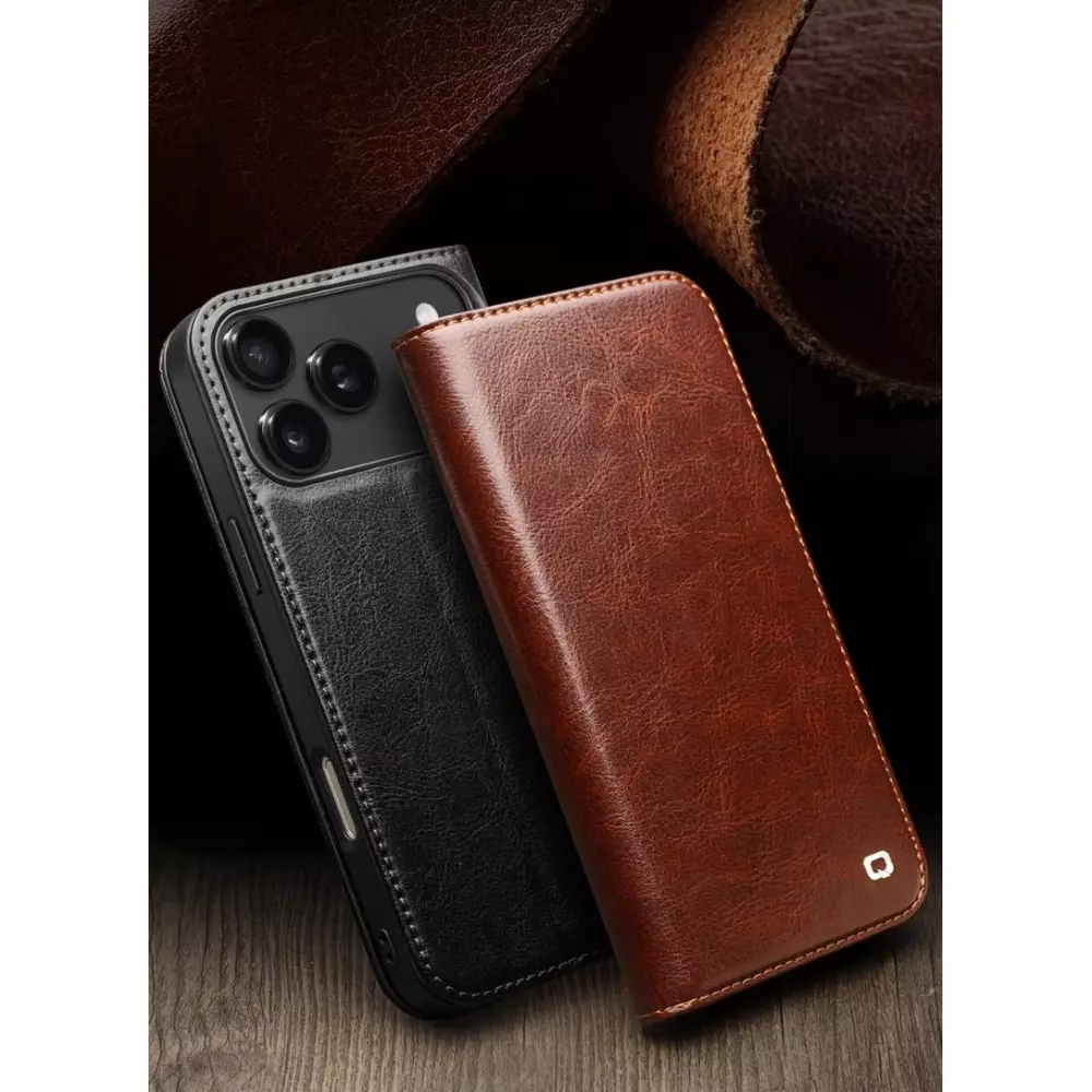 Fourre iPhone 17 - Flip Qialino Classic Wallet cuir véritable - Brun clair