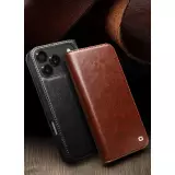 Fourre iPhone 17 - Flip Qialino Classic Wallet cuir véritable - Brun clair