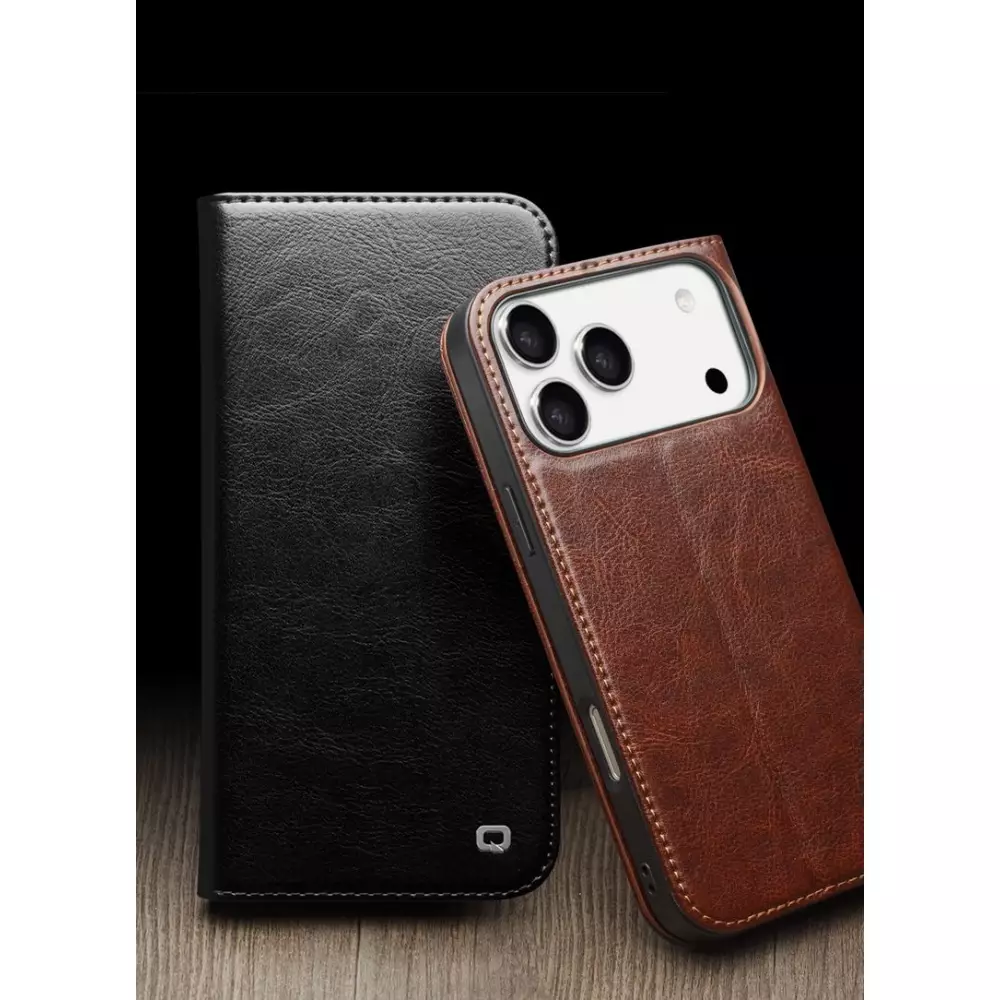 Fourre iPhone 17 - Flip Qialino Classic Wallet cuir véritable - Brun clair