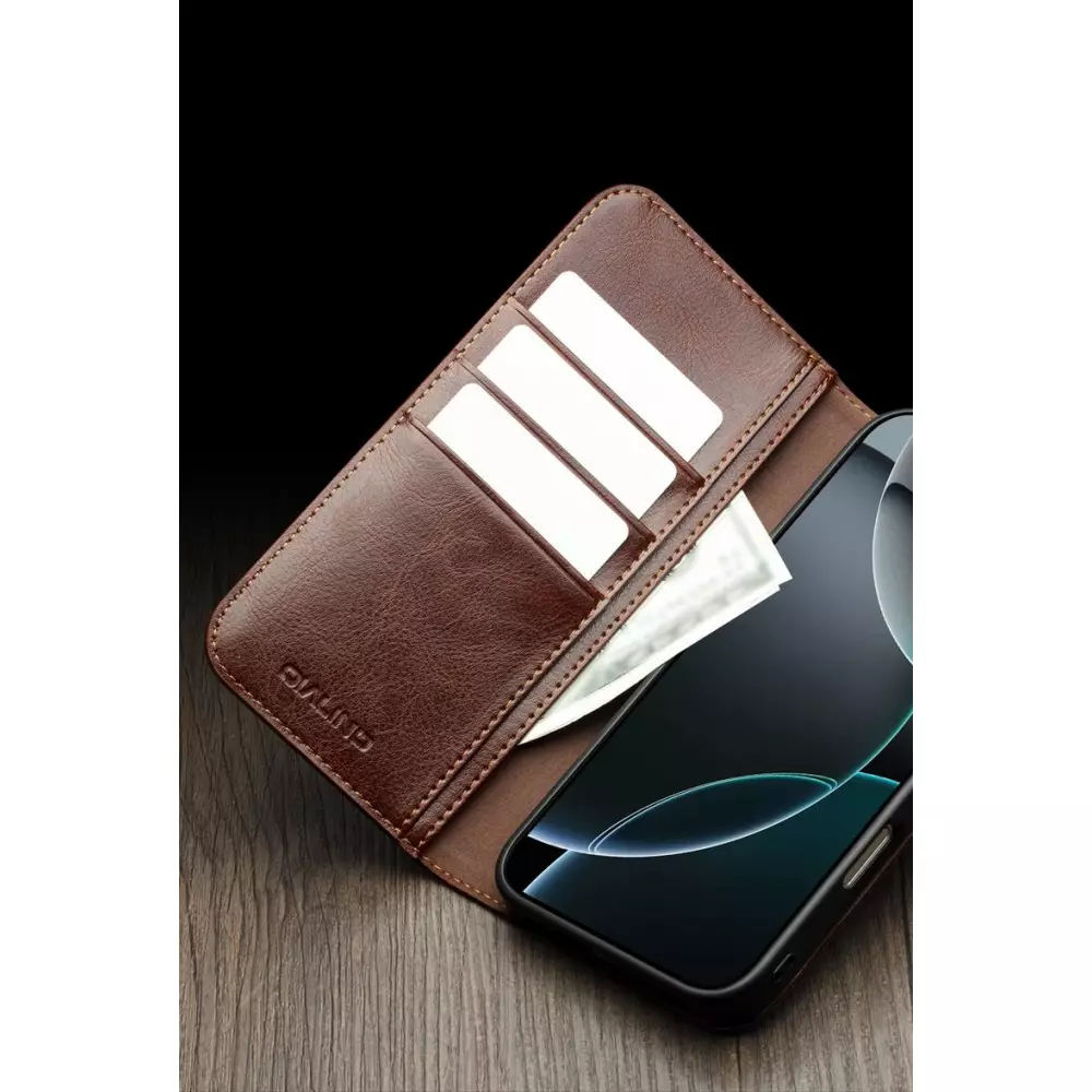 Fourre iPhone 17 - Flip Qialino Classic Wallet cuir véritable - Brun clair