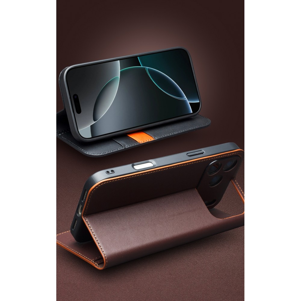 Fourre iPhone 17 - Flip Qialino Matt Wallet cuir véritable - Brun foncé mat