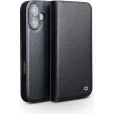 Fourre iPhone 17 - Flip Qialino Matt Wallet cuir véritable - Noir