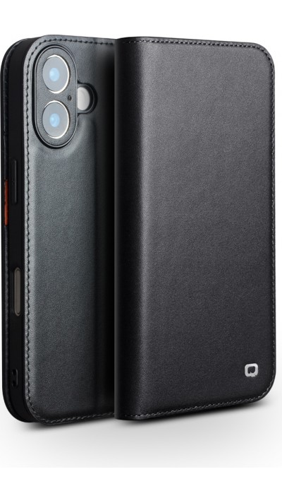 Fourre iPhone 17 - Flip Qialino Matt Wallet cuir véritable - Noir