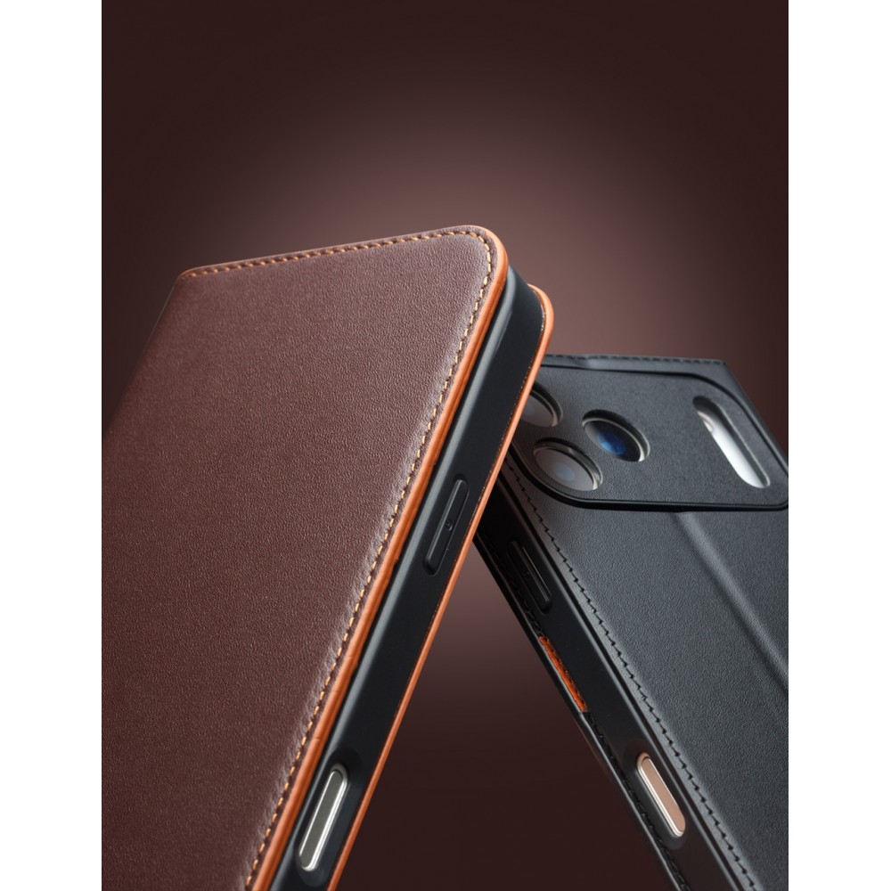 Fourre iPhone 17 - Flip Qialino Matt Wallet cuir véritable - Noir