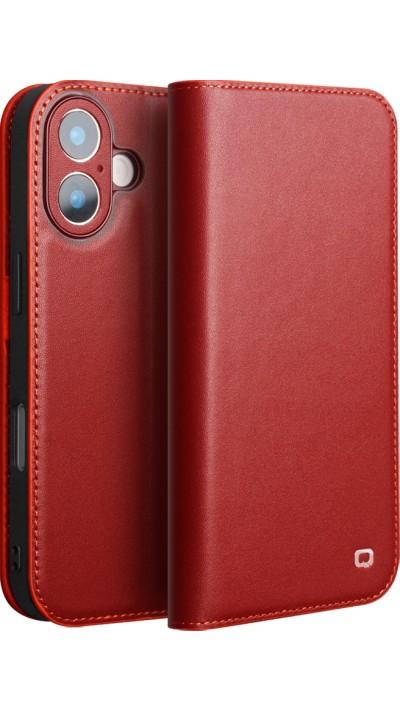 Fourre iPhone 17 - Flip Qialino Matt Wallet cuir véritable - Rouge