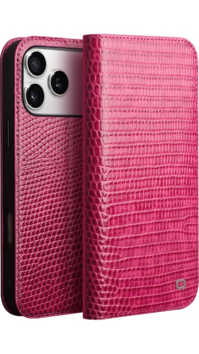 Fourre iPhone 17 Pro - Flip Croco Qialino cuir véritable - Rose