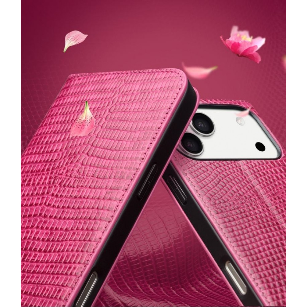 Fourre iPhone 17 Pro - Flip Croco Qialino cuir véritable - Rose