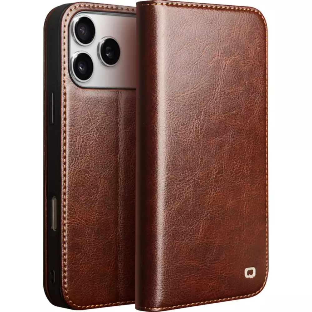 Fourre iPhone 17 Pro - Flip Qialino Classic Wallet cuir véritable - Brun foncé