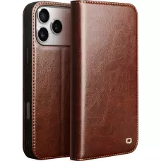 Fourre iPhone 17 Pro - Flip Qialino Classic Wallet cuir véritable - Brun foncé