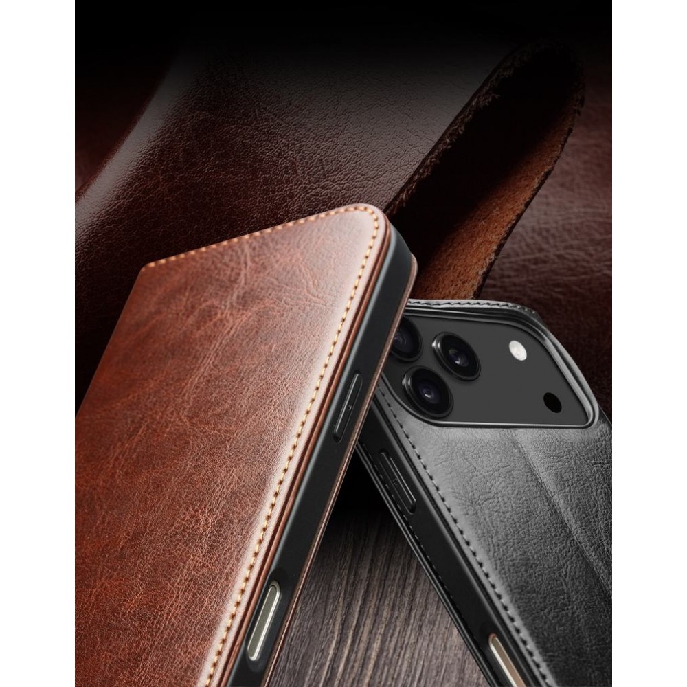 iPhone 17 Pro Max Case Hülle - Qialino Flip Classic Wallet Echtleder - Braun