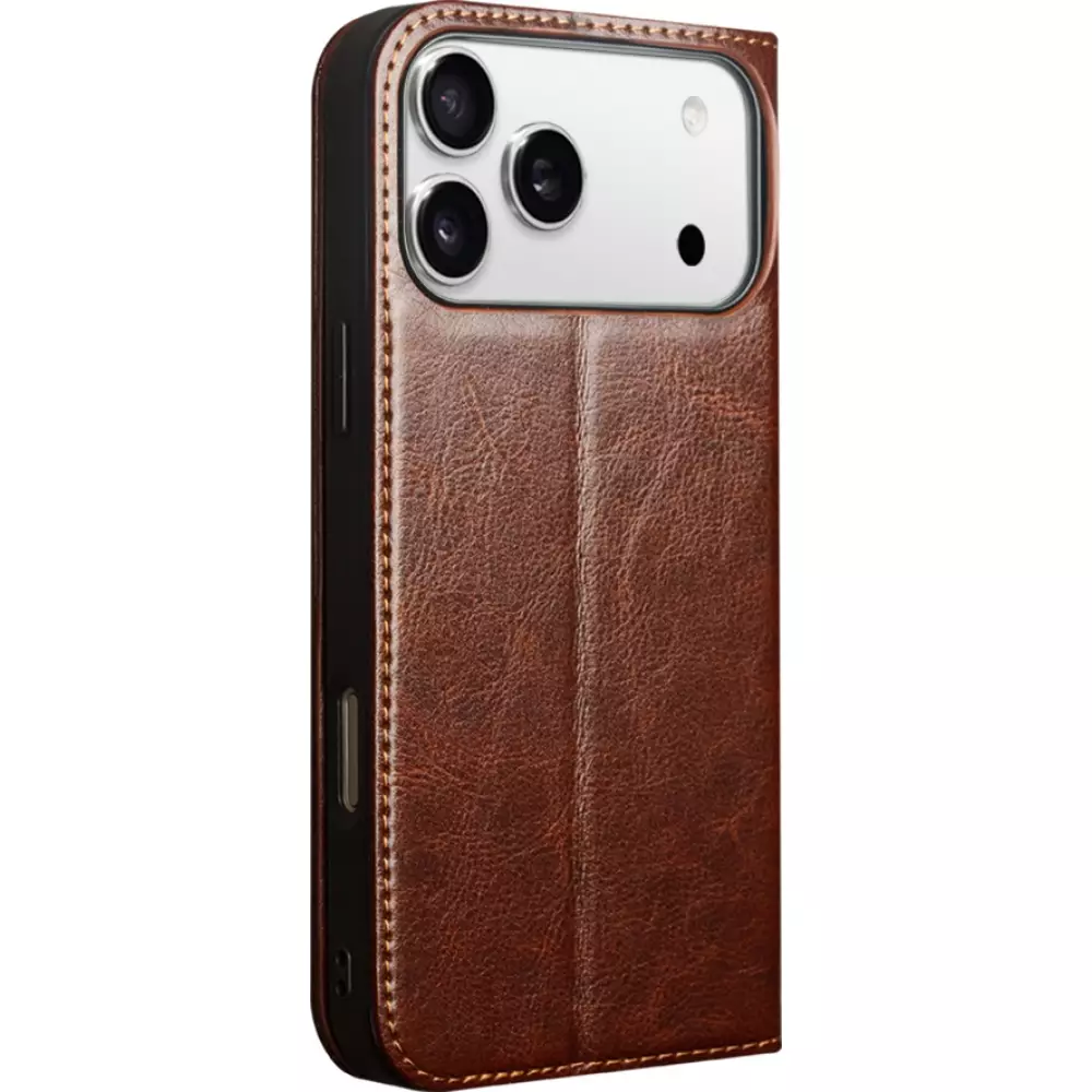Fourre iPhone 17 Pro - Flip Qialino Classic Wallet cuir véritable - Brun foncé