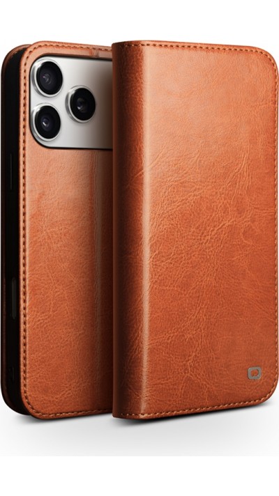 Fourre iPhone 17 Pro Max - Flip Qialino Classic Wallet cuir véritable - Brun clair