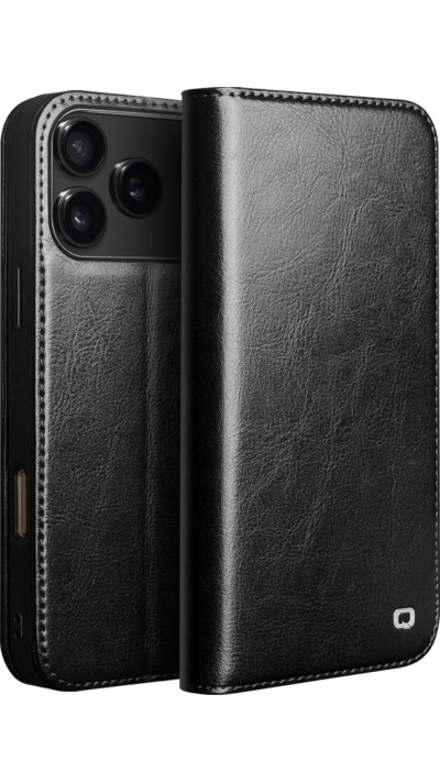 Fourre iPhone 17 Pro Max - Flip Qialino Classic Wallet cuir véritable - Noir