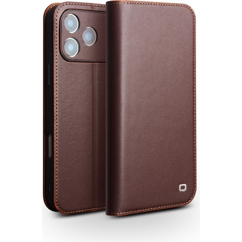 Fourre iPhone 17 Pro - Flip Qialino Matt Wallet cuir véritable - Brun foncé mat