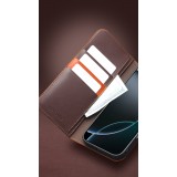 Fourre iPhone 17 Pro - Flip Qialino Matt Wallet cuir véritable - Brun foncé mat
