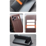 Fourre iPhone 17 Pro - Flip Qialino Matt Wallet cuir véritable - Brun foncé mat