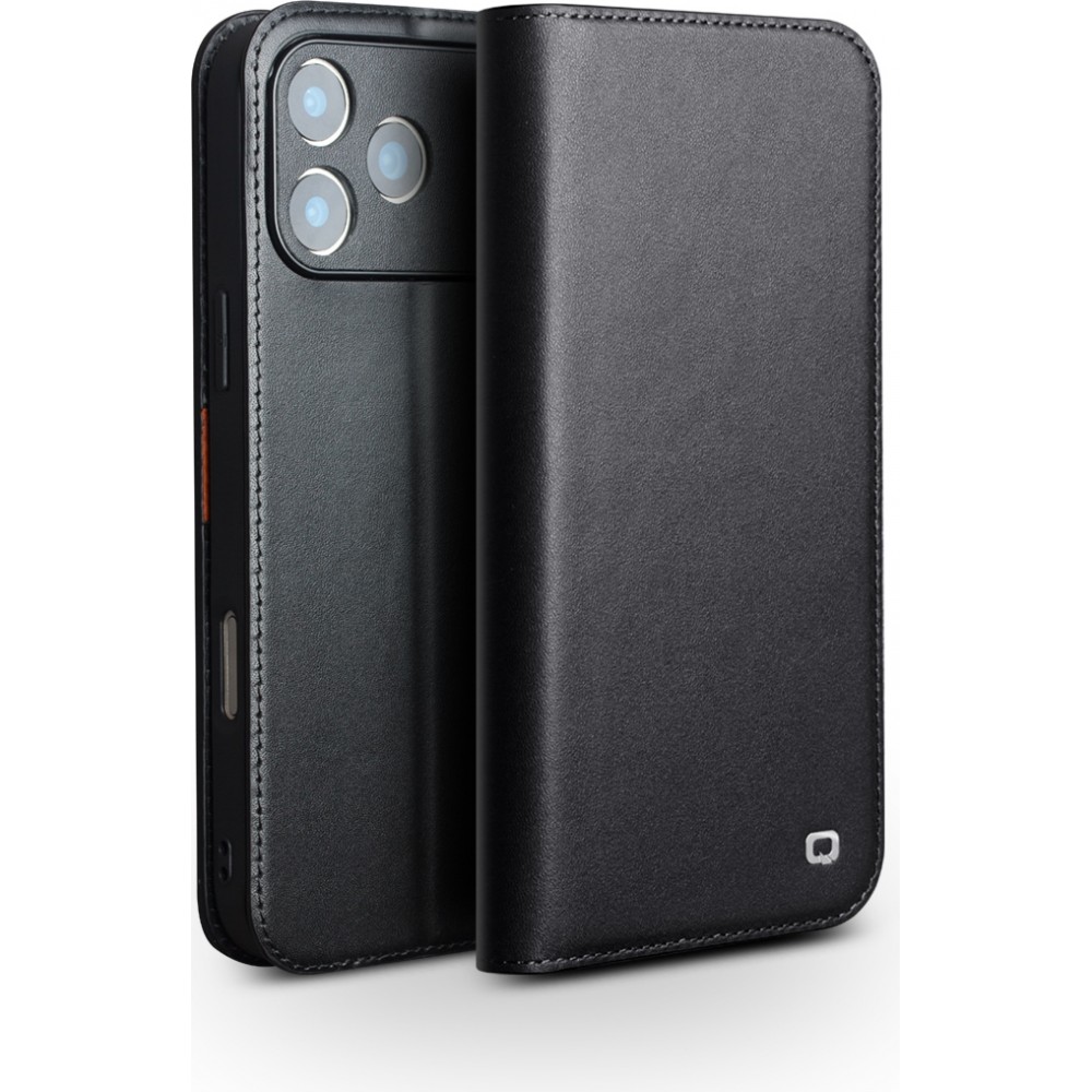 iPhone 17 Pro Case Hülle - Qialino Flip Matt Wallet Echtleder - Schwarz