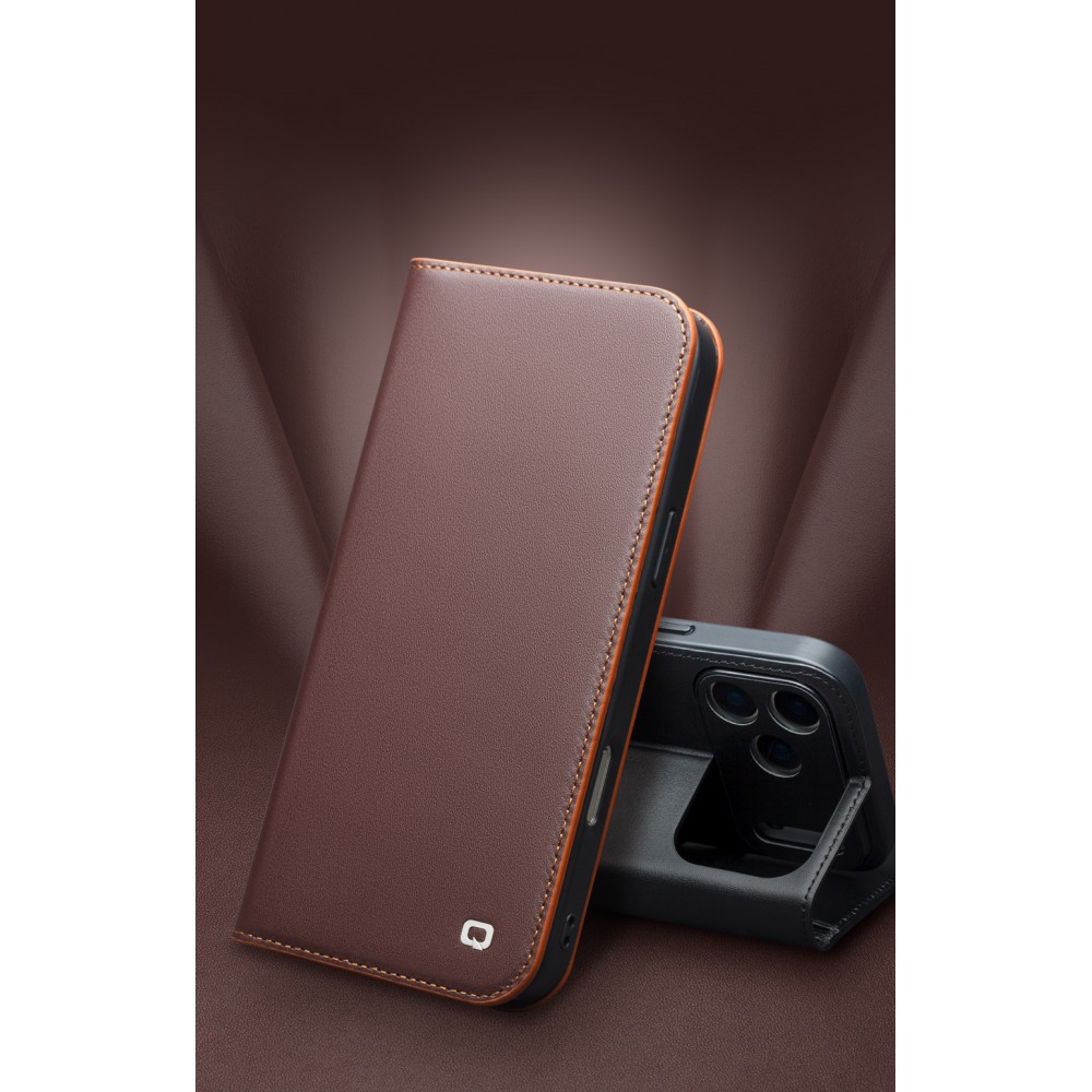 iPhone 17 Pro Case Hülle - Qialino Flip Matt Wallet Echtleder - Schwarz