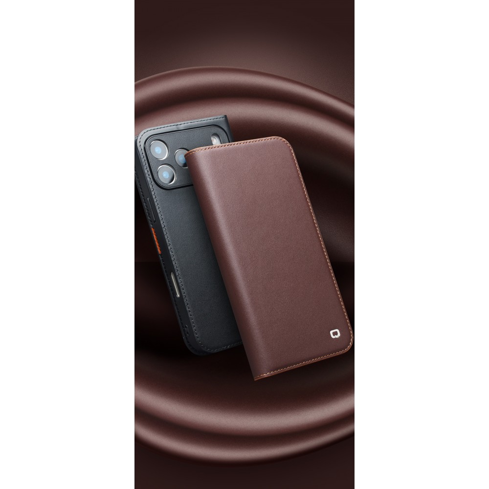 iPhone 17 Pro Case Hülle - Qialino Flip Matt Wallet Echtleder - Schwarz