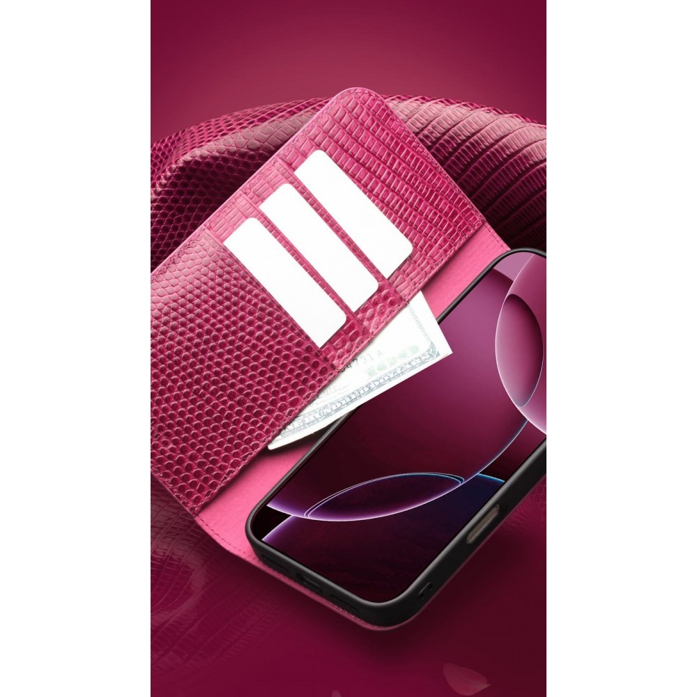 Fourre iPhone 17 Pro Max - Flip Croco Qialino cuir véritable - Rose