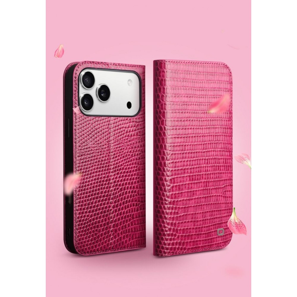 Fourre iPhone 17 Pro Max - Flip Croco Qialino cuir véritable - Rose