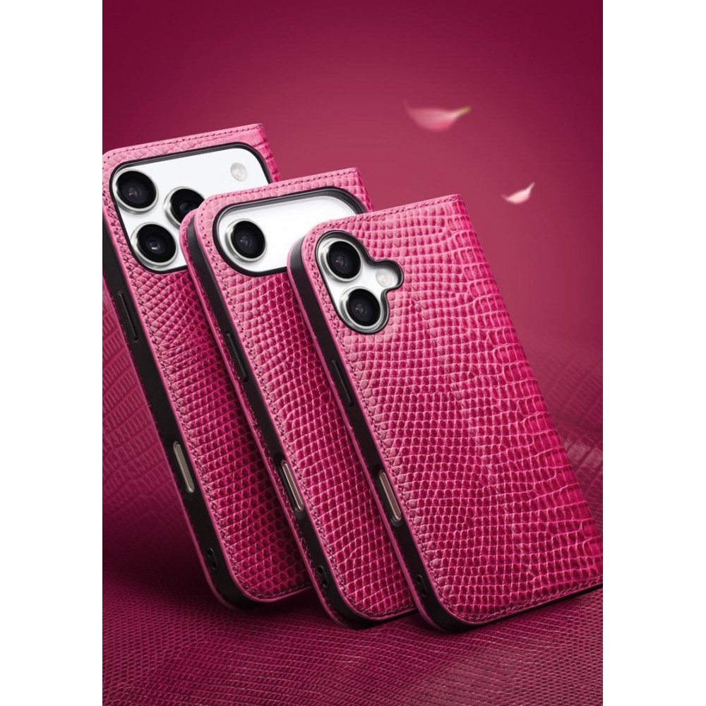 Fourre iPhone 17 Pro Max - Flip Croco Qialino cuir véritable - Rose