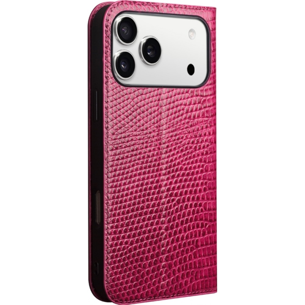 Fourre iPhone 17 Pro Max - Flip Croco Qialino cuir véritable - Rose