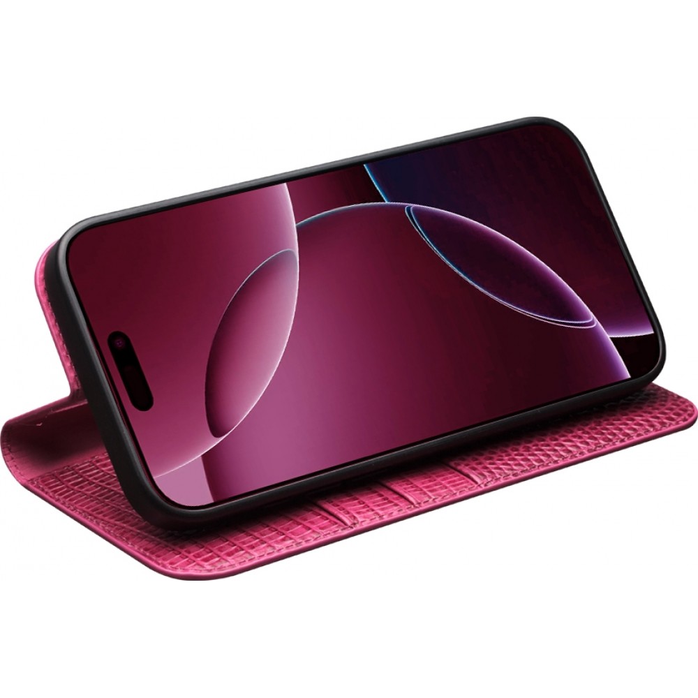 Fourre iPhone 17 Pro Max - Flip Croco Qialino cuir véritable - Rose