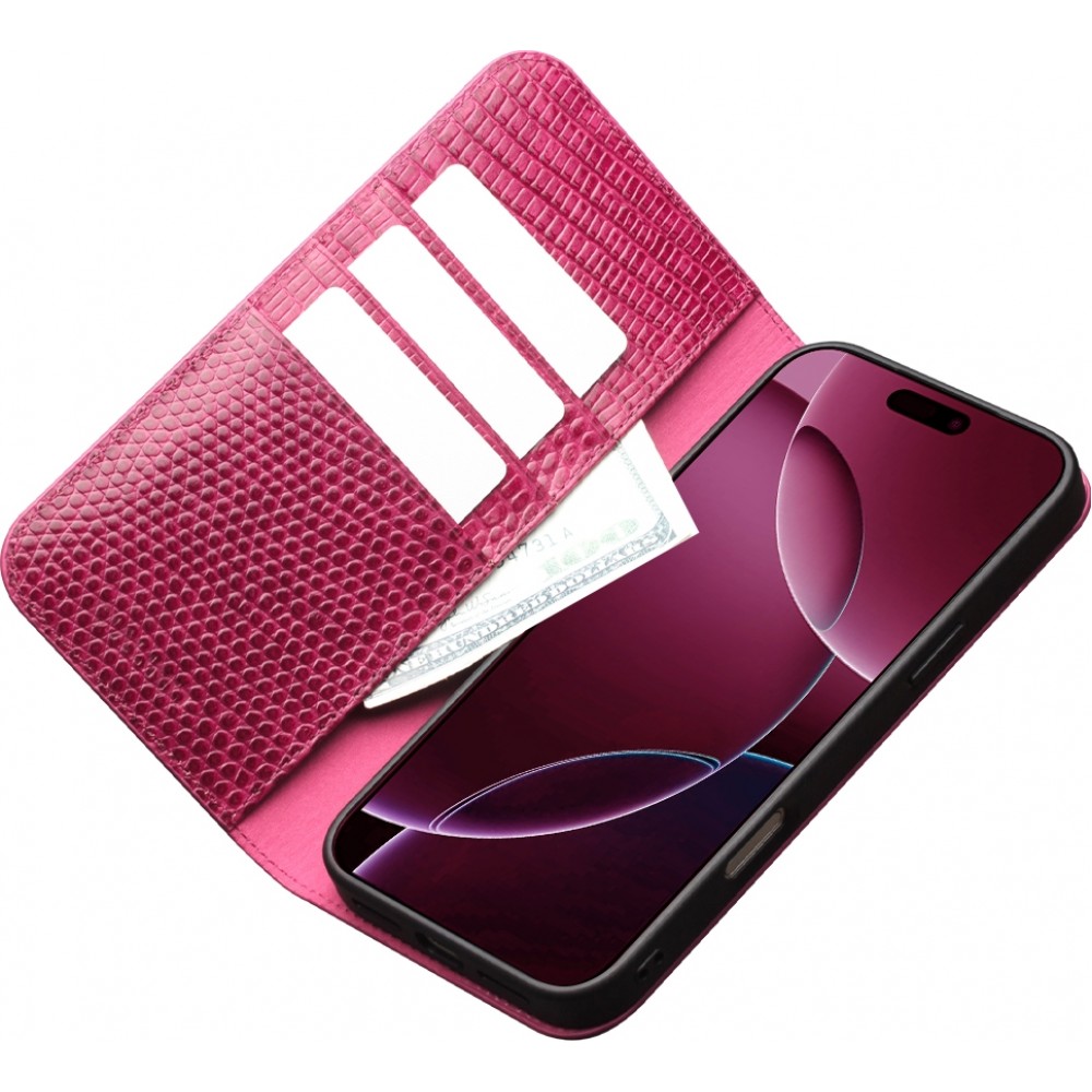 Fourre iPhone 17 Pro Max - Flip Croco Qialino cuir véritable - Rose