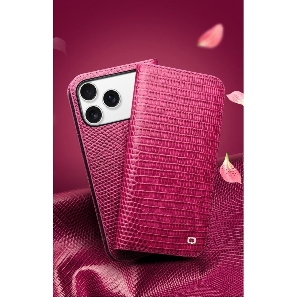 Fourre iPhone 17 Pro Max - Flip Croco Qialino cuir véritable - Rose